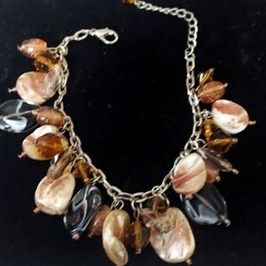 Handcrafted Beaded Stone Glass, Sea Shell Charm Silver Bracelet